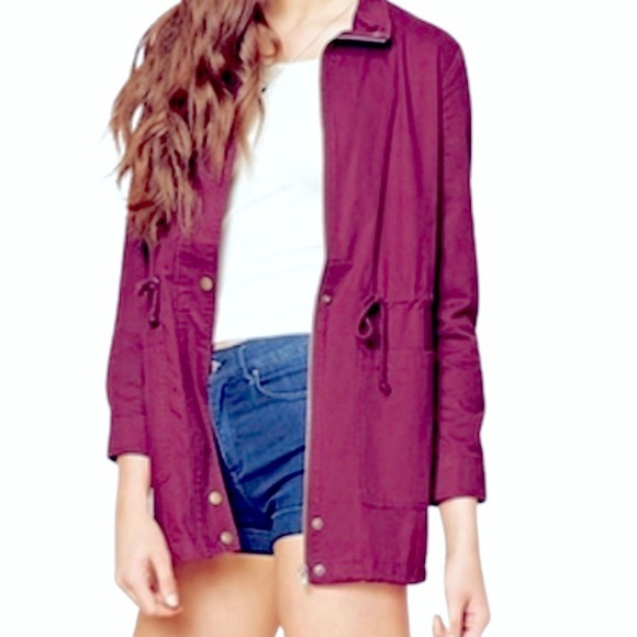 Forever 21 Burgundy Utility Jacket Drawstring Waist Zip Front Women - Picture 2 of 15